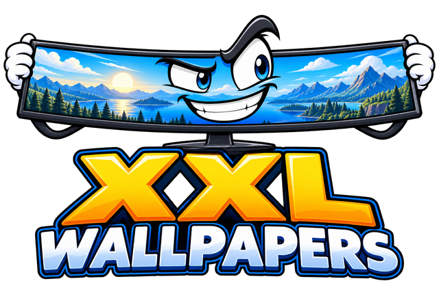 XXL Wallpapers: a grinning ultrawide monitor held up by two gloved hands.