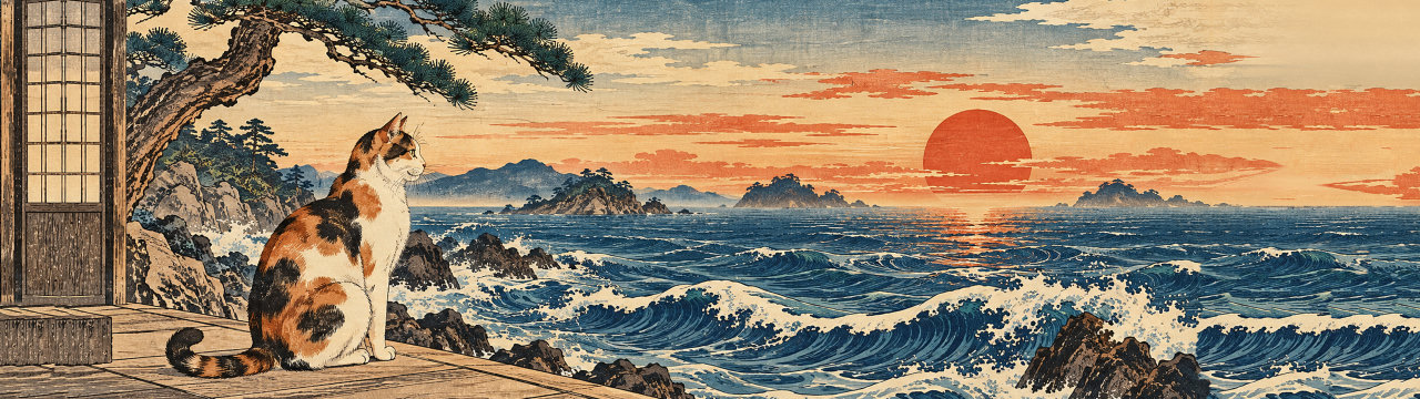 Woodblock sea, Cats wallpaper, 5120 × 1440