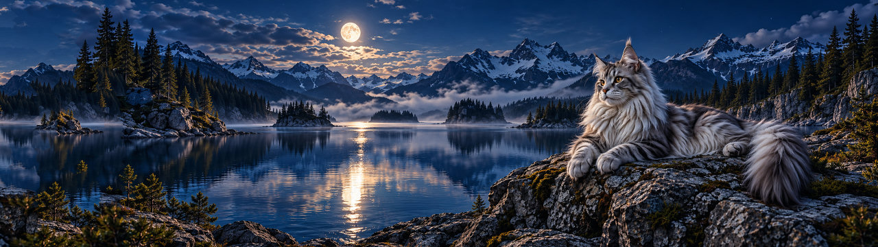 Moonlit lake, Cats wallpaper, 5120 × 1440