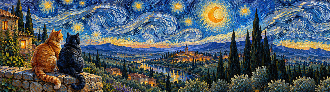 Impasto stars, Cats wallpaper, 5120 × 1440