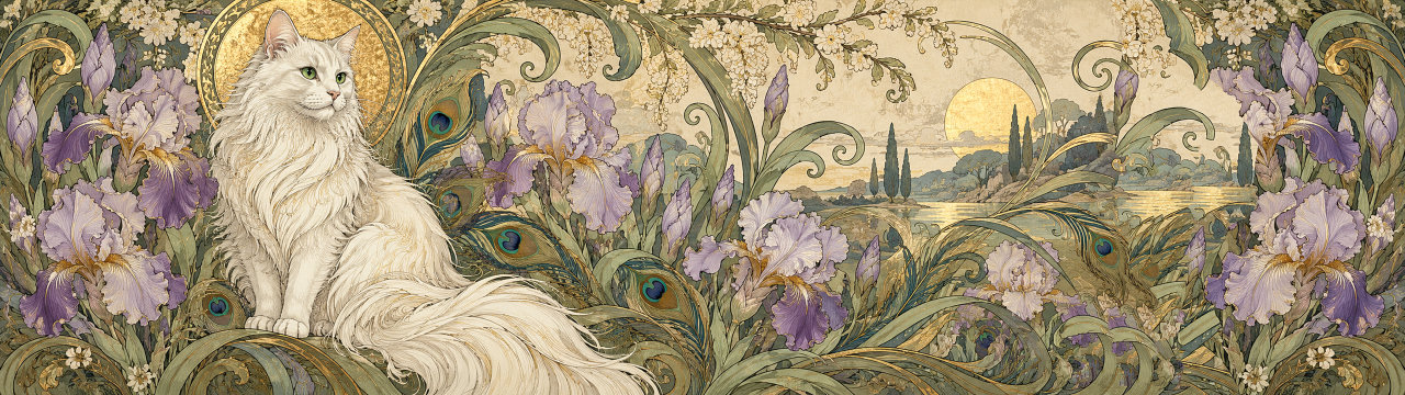 Gilded irises, Cats wallpaper, 5120 × 1440