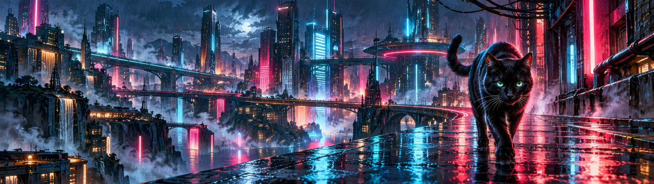 Neon rain, Cats wallpaper, 5120 × 1440