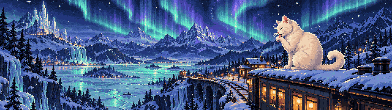 Pixel aurora, Cats wallpaper, 5120 × 1440