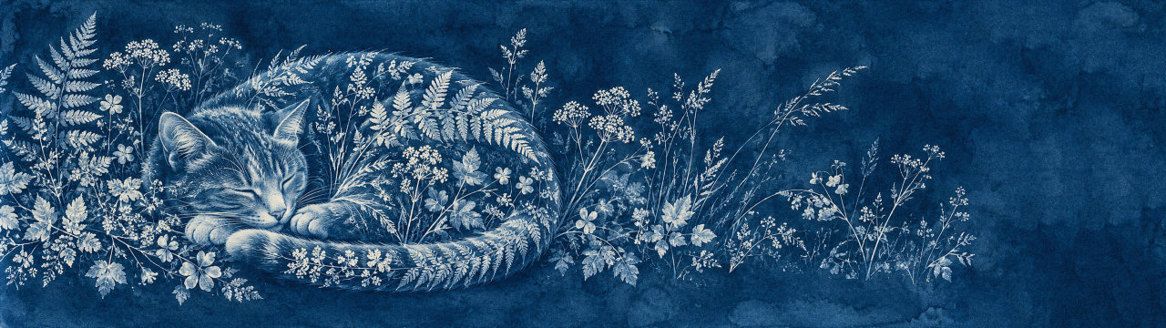 Cyanotype ferns, Cats wallpaper, 5120 × 1440