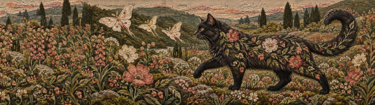 Stitched meadow, Cats wallpaper, 5120 × 1440