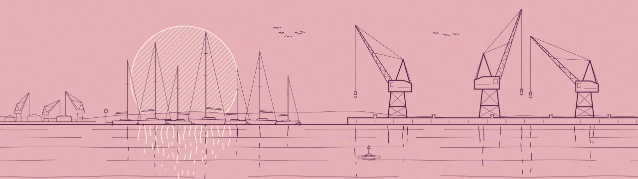 Harbour in plum, Lineart Sunset wallpaper, 5120 × 1440