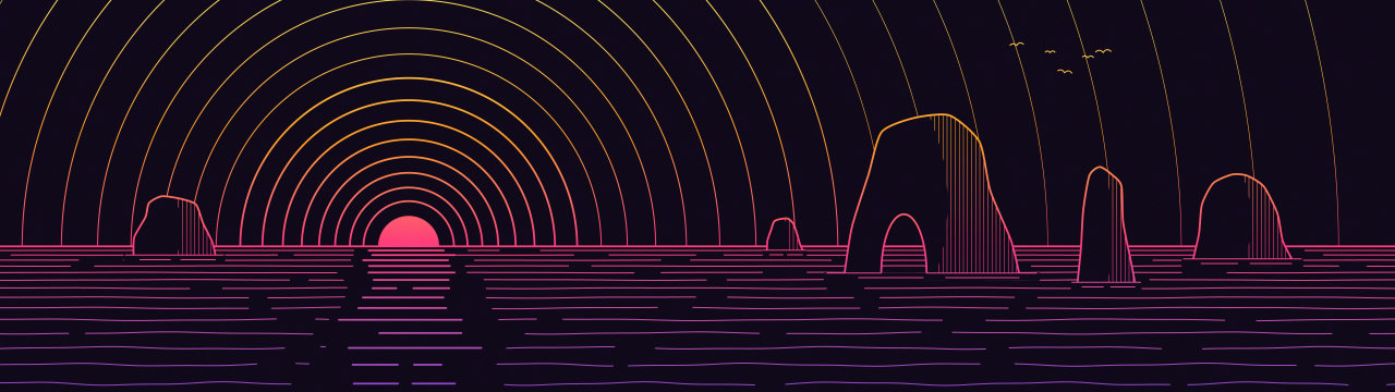Sea stacks ripple, Lineart Sunset wallpaper, 5120 × 1440