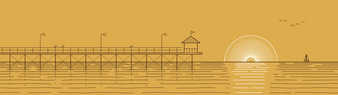 Pier and fan, Lineart Sunset wallpaper, 5120 × 1440